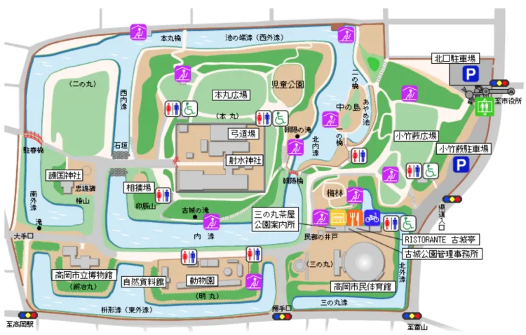 高岡古城公園の散策マップ（出典：高岡古城公園公式ウェブサイト）