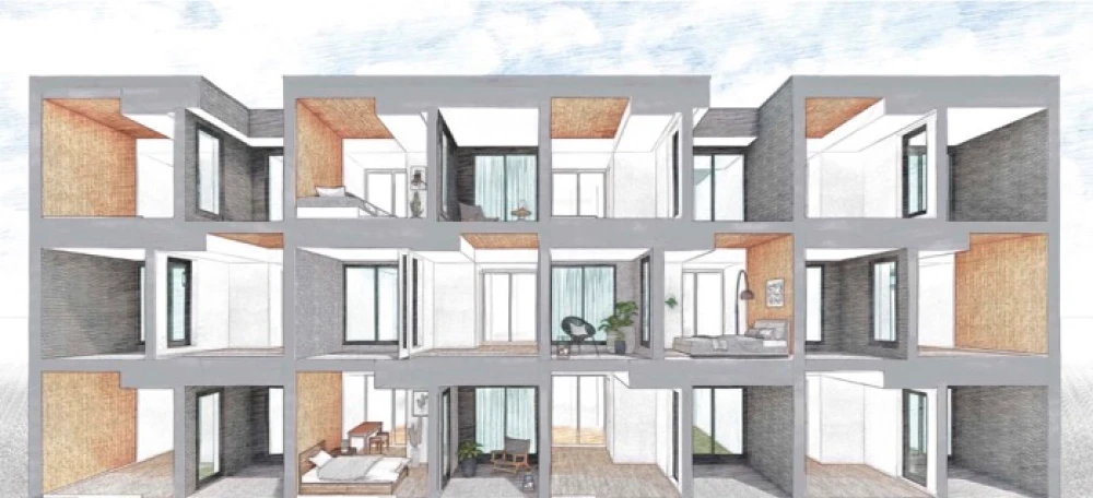 上下階で「バルコニー」と「洋室」が互い違いに配置され、生活音が伝わりにくい造りを実現